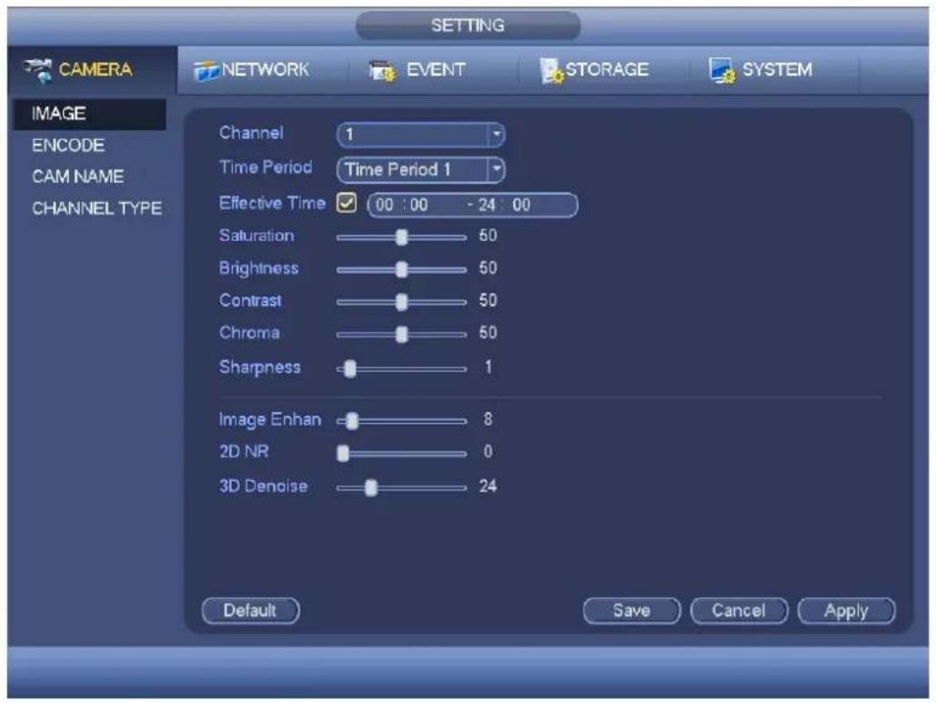 CAMERA NETWORK EVENT STORAGE SYSTEM IMAGE ENCODE CAM NAME CHANNEL TYPE Channel 1 Time Period Time Period 1 Effective Time 00:00 - 24:00 Saturation 50 Brightness 50 Contrast 50 Chroma 50 Sharpness 1 Image Enhan 8 2D NR 0 3D Denoise 24 Default Save Cancel Apply