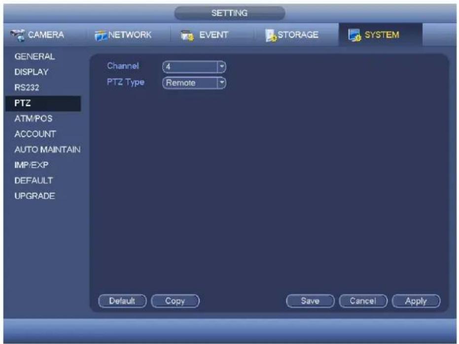 SETTING CAMERA NETWORK EVENT STORAGE SYSTEM GENERAL DISPLAY RS232 PTZ ATM/POS ACCOUNT AUTO MAINTAIN IMP/EXP DEFAULT UPGRADE Channel 4 PTZ Type Remote Default Copy Save Cancel Apply