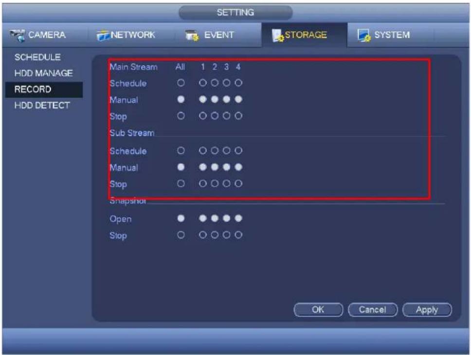 SETTING CAMERA NETWORK EVENT STORAGE SYSTEM SCHEDULE HDD MANAGE RECORD HDD DETECT Main Stream All 1 2 3 4 Schedule ○ ○ ○ ○ ○ Manual ● ● ● ● ● Stop ○ ○ ○ ○ ○ Sub Stream Schedule ○ ○ ○ ○ ○ Manual ● ● ● ● ● Stop ○ ○ ○ ○ ○ Snapshot Open ● ● ● ● ● Stop ○ ○ ○ ○ ○ OK Cancel Apply