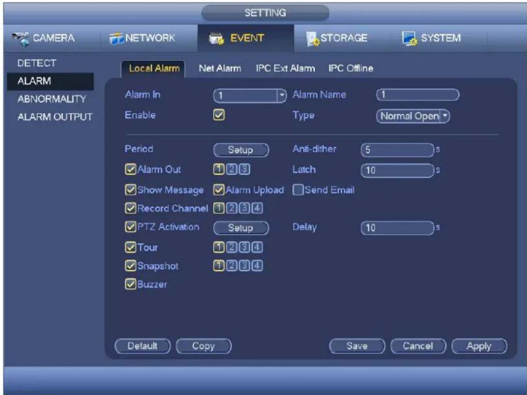 SETTING CAMERA NETWORK EVENT STORAGE SYSTEM DETECT ALARM ABNORMALITY ALARM OUTPUT Local Alarm Net Alarm IPC Ext Alarm IPC Offline Alarm In 1 Alarm Name 1 Enable ✓ Type Normal Open Period Setup Anti-dither 5 ✓ Alarm Out 1 2 3 Latch 10 ✓ Show Message ✓ Alarm Upload Send Email ✓ Record Channel 1 2 3 4 ✓ PTZ Activation Setup Delay 10 ✓ Tour 1 2 3 4 ✓ Snapshot 1 2 3 4 ✓ Buzzer Default Copy Save Cancel Apply