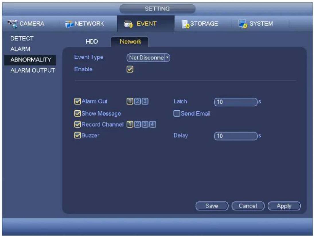 SETTING CAMERA NETWORK EVENT STORAGE SYSTEM DETECT ALARM ABNORMALITY ALARM OUTPUT HDD Network Event Type Net Disconne Enable ✓ ✓ Alarm Out 1 2 3 Latch 10 s ✓ Show Message Send Email ✓ Record Channel 1 2 3 4 ✓ Buzzer Delay 10 s Save Cancel Apply