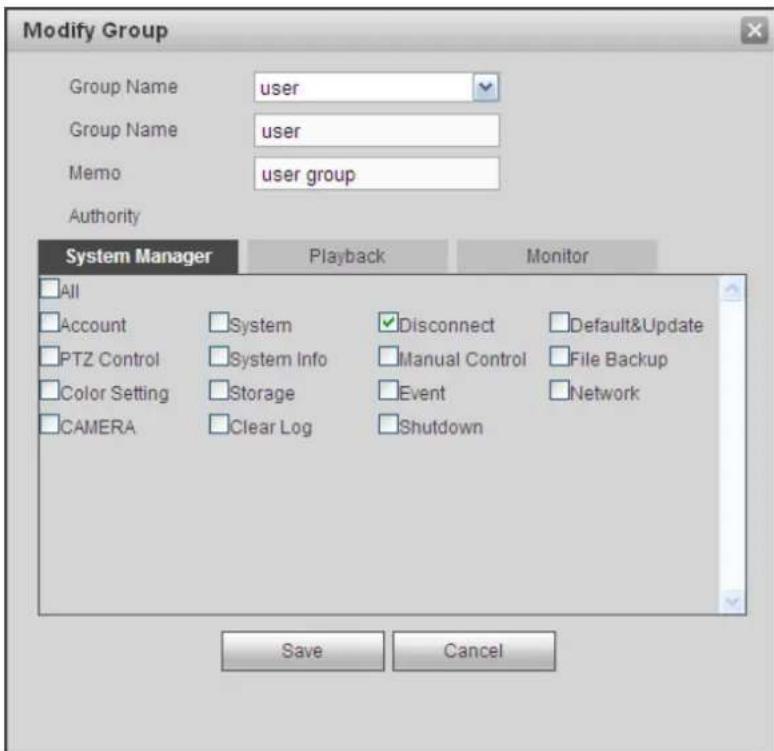 Modify Group Group Name user Group Name user Memo user group Authority System Manager Playback Monitor All Account System Disconnect Default&Update PTZ Control System Info Manual Control File Backup Color Setting Storage Event Network CAMERA Clear Log Shutdown Save Cancel