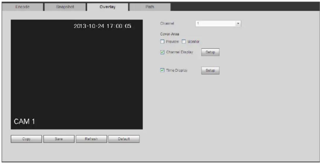 Encode Snapshot Overlay Path 2013-10-24 17:00:05 Channel 1 Cover-Area Preview Monitor Channel Display Setup Time Display Setup CAM 1 Copy Save Refresh Default