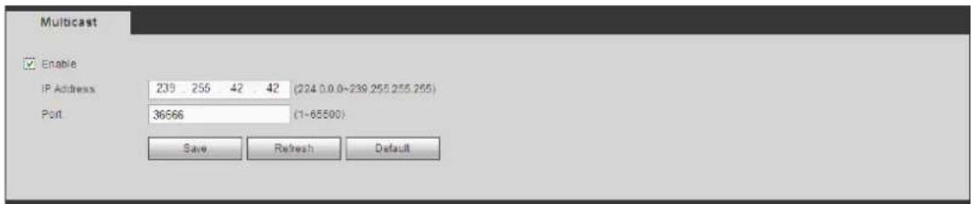 Multicast Enable IP Address 239 255 42 42 (224 0.0.0~239.255.255.255) Port 36566 (1~65500) Save Refresh Default