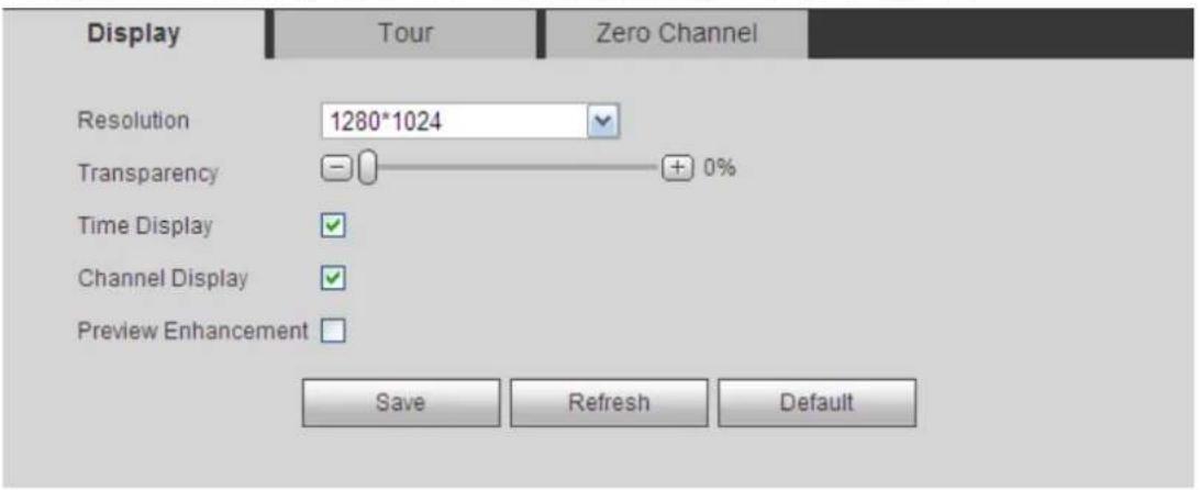 Display Tour Zero Channel Resolution 1280*1024 Transparency 0% Time Display ✓ Channel Display ✓ Preview Enhancement □ Save Refresh Default