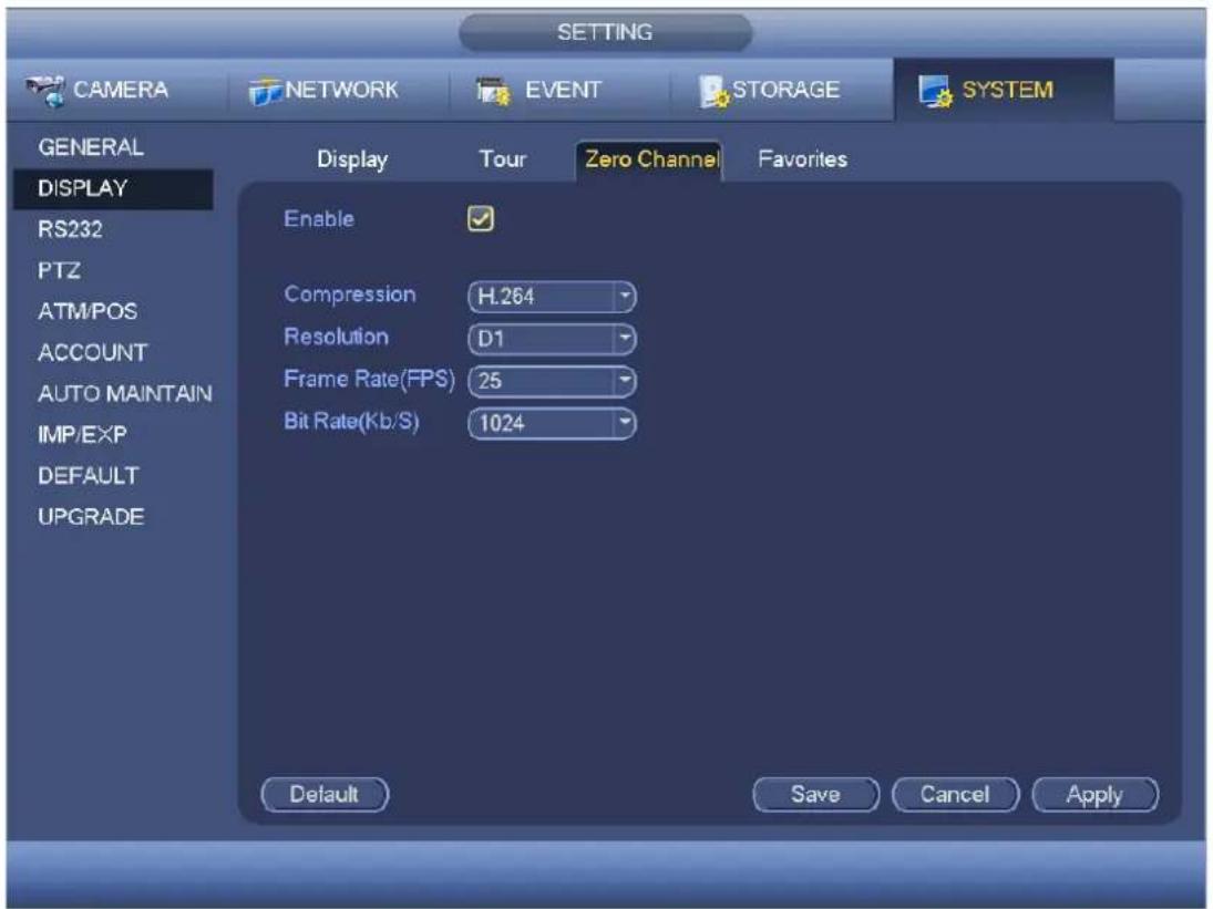 SETTING CAMERA NETWORK EVENT STORAGE SYSTEM GENERAL DISPLAY RS232 PTZ ATM/POS ACCOUNT AUTO MAINTAIN IMP/EXP DEFAULT UPGRADE Display Tour Zero Channel Favorites Enable Compression H.264 Resolution D1 Frame Rate(FPS) 25 Bit Rate(Kb/S) 1024 Default Save Cancel Apply