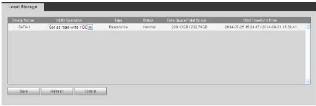 Local Storage Device Name HDD Operation Type Status Free Space/Total Space Start Time/End Time SATA-1 Set as read-write HDC Read-Write Normal 200.13GB / 232.79GB 2014-07-25 15:24:47 / 2014-08-21 16:39:41 Save Refresh Format