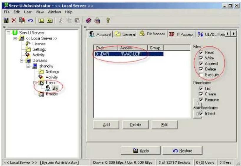 Serv-U Administrator - <> File Edit User View Window Help Serv-U Servers << Local Server >> License Settings Activity Domains shonghy Settings Activity Users dry Groups Account General Dir Access IP Access UL/DL Path Path Access Group D:\DVR RWAD-LCRI Files: Read Write Append Delete Execute Directories: List Create Remove Sup directories: Inherit Add Delete Edit Apply Restore << Local Server >> [System Administrator] Down: 0.000 HBps / Up: 0.000 HBps 3 of 32767 Sockets O (O) Users D Xfers