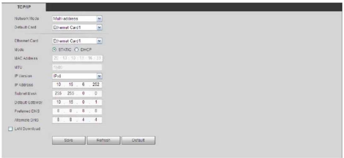 TCP/IP Network Mode Multi-address Default Card Ethernet Card1 Ethernet Card Ethernet Card1 Mode STATIC DHCP MAC Address 20 13 10 13 16 33 MTU 1500 IP Version IPv4 IP Address 10 15 6 252 Submit Mask 255 255 0 0 Default Gateway 10 15 0 1 Preferred DNS 8 8 8 8 Alternate DNS 8 8 4 4 LAN Download Save Refresh Default