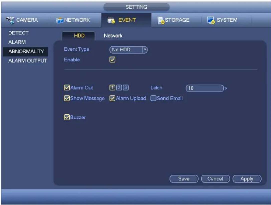 SETTING CAMERA NETWORK EVENT STORAGE SYSTEM DETECT ALARM ABNORMALITY ALARM OUTPUT HDD Network Event Type No HDD Enable ✓ ✓ Alarm Out 1 2 3 Latch 10 s ✓ Show Message ✓ Alarm Upload □ Send Email ✓ Buzzer Save Cancel Apply