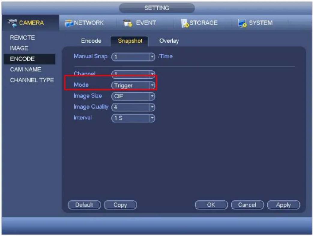 CAMERA NETWORK EVENT STORAGE SYSTEM REMOTE IMAGE ENCODE CAM NAME CHANNEL TYPE Encode Snapshot Overlay Manual Snap 1 /Time Channel 1 Mode Trigger Image Size CIF Image Quality 4 Interval 1 S Default Copy OK Cancel Apply