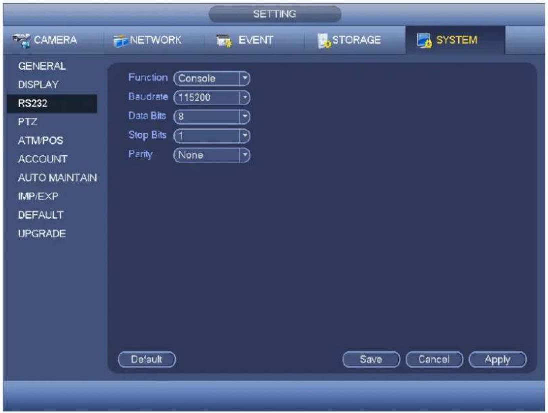 SETTING CAMERA NETWORK EVENT STORAGE SYSTEM GENERAL DISPLAY RS232 PTZ ATM/POS ACCOUNT AUTO MAINTAIN IMP/EXP DEFAULT UPGRADE Function Console Baudrate 115200 Data Bits 8 Stop Bits 1 Parity None Default Save Cancel Apply