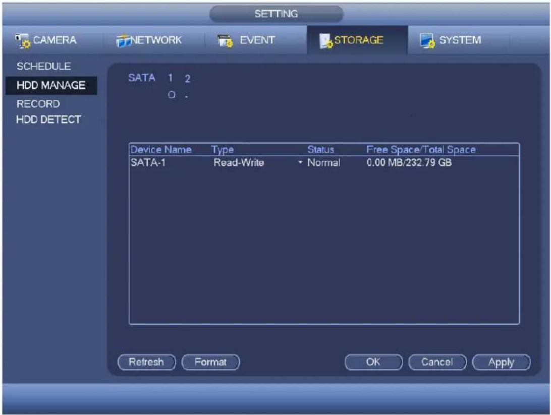 SETTING CAMERA NETWORK EVENT STORAGE SYSTEM SCHEDULE HDD MANAGE RECORD HDD DETECT SATA 1 2 0 . Device Name Type Status Free Space/Total Space SATA-1 Read-Write ▼ Normal 0.00 MB/232.79 GB Refresh Format OK Cancel Apply