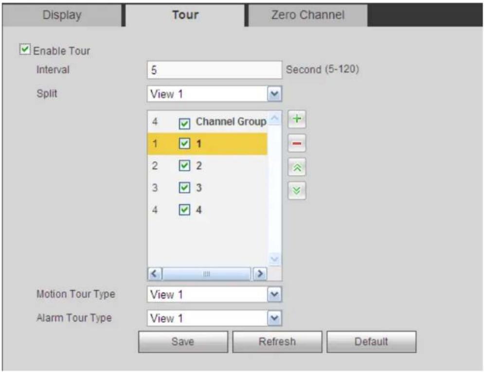 Display Tour Zero Channel Enable Tour Interval 5 Second (5-120) Split View 1 4 Channel Group 1 1 2 2 3 3 4 4 Motion Tour Type View 1 Alarm Tour Type View 1 Save Refresh Default