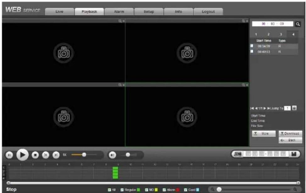 WEB SERVICE Live Playback Alarm Setup Info Logout 86 - 60 - 09 1 2 3 4 Start Time Type 08:34:59 R 08:40:03 R Start Time End Time: File Size: More Overhead Back Stop All Regular MO Alarm Card