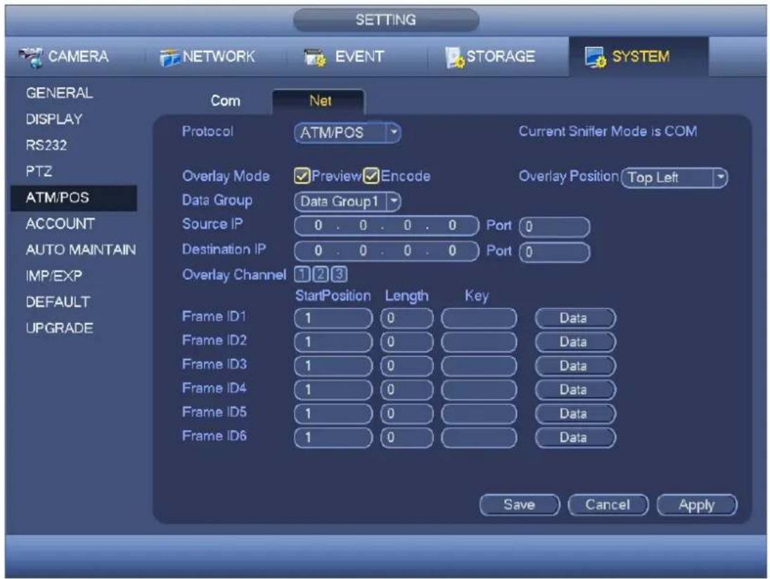 SETTING CAMERA NETWORK EVENT STORAGE SYSTEM GENERAL DISPLAY RS232 PTZ ATM/POS ACCOUNT AUTO MAINTAIN IMP/EXP DEFAULT UPGRADE Com Net Protocol ATM/POS Current Snifter Mode is COM Overlay Mode Preview Encode Data Group Data Group1 Source IP 0 . 0 . 0 . 0 Port 0 Destination IP 0 . 0 . 0 . 0 Port 0 Overlay Channel 1 2 3 StartPosition Length Key Frame ID1 1 0 Data Frame ID2 1 0 Data Frame ID3 1 0 Data Frame ID4 1 0 Data Frame ID5 1 0 Data Frame ID6 1 0 Data Save Cancel Apply