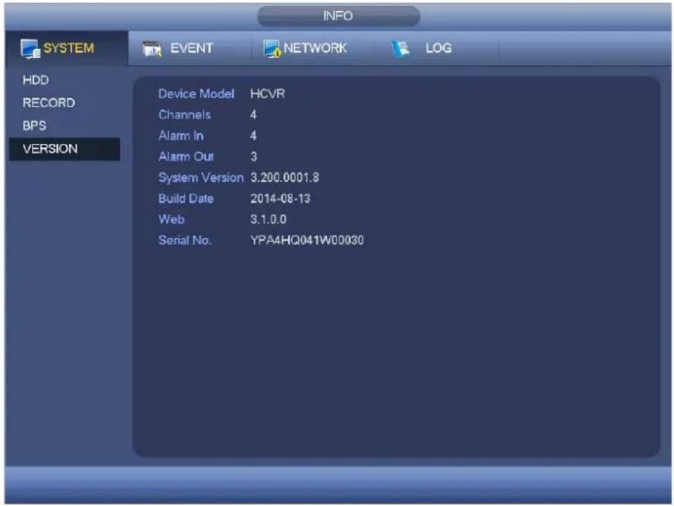 INFO SYSTEM EVENT NETWORK(LOG HDD RECORD BPS VERSION Device Model HCVR Channels 4 Alarm In 4 Alarm Out 3 System Version 3.200.0001.8 Build Date 2014-08-13 Web 3.1.0.0 Serial No.YPA4HQ041W00030