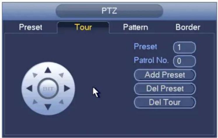 PTZ Preset Tour Pattern Border Preset 1 Patrol No. 0 Add Preset Del Preset Del Tour