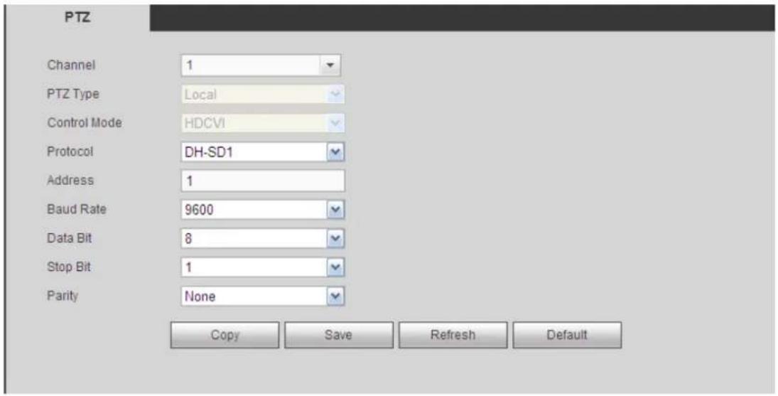 PTZ Channel 1 PTZ Type Local Control Mode HDCVI Protocol DH-SD1 Address 1 Baud Rate 9600 Data Bit 8 Stop Bit 1 Parity None Copy Save Refresh Default