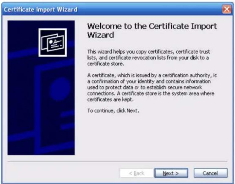 Certificate Import Wizard Welcome to the Certificate Import Wizard This wizard helps you copy certificates, certificate trust lists, and certificate revocation lists from your disk to a certificate store. A certificate, which is issued by a certification authority, is a confirmation of your identity and contains information used to protect data or to establish secure network connections. A certificate store is the system area where certificates are kept. To continue, click Next.