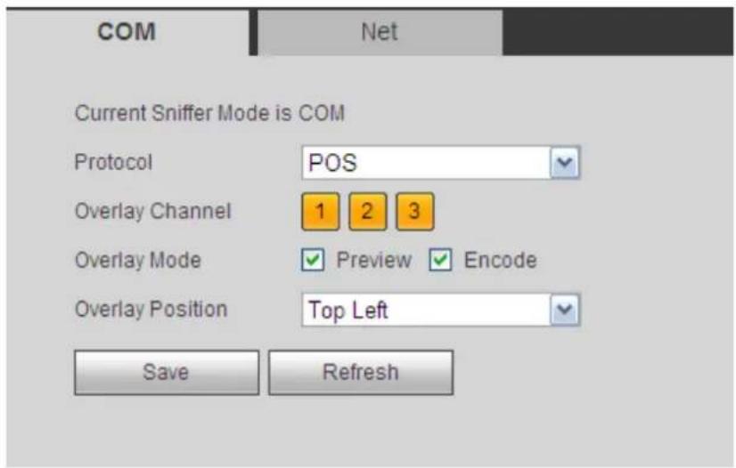 COM Net Current Sniffer Mode is COM Protocol POS Overlay Channel 1 2 3 Overlay Mode Preview Encode Overlay Position Top Left Save Refresh