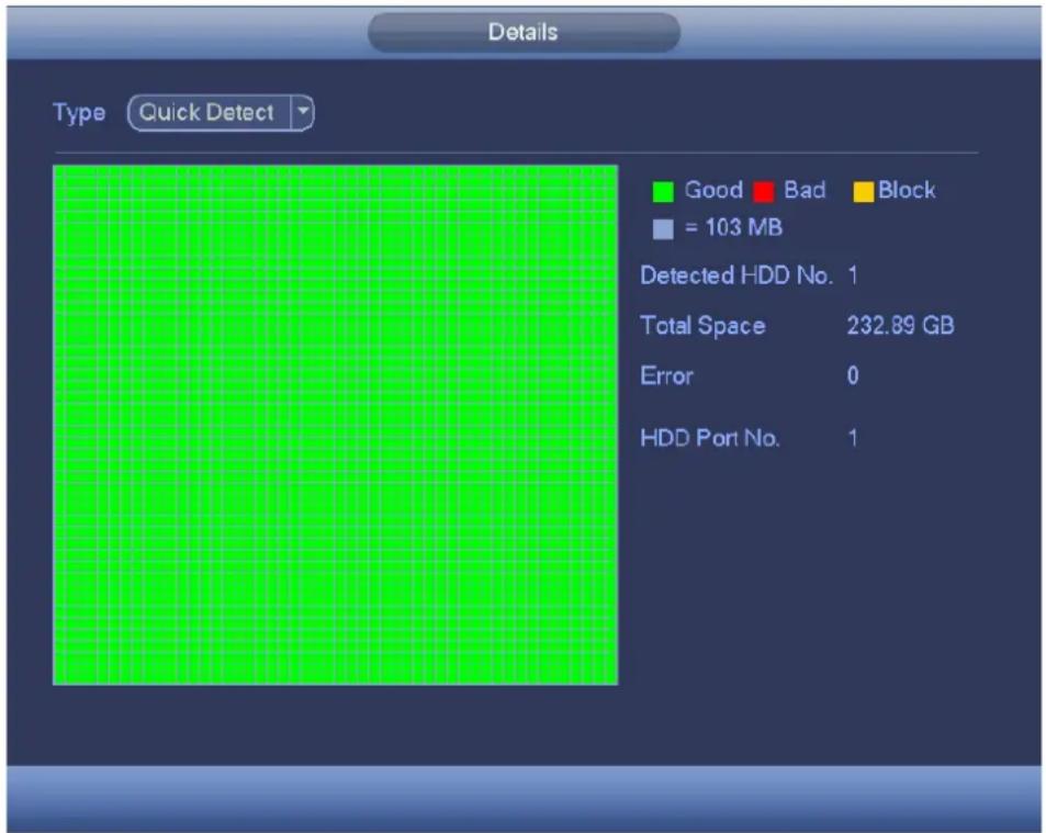 Details Type Quick Detect Good Bad Block = 103 MB Detected HDD No. 1 Total Space 232.89 GB Error 0 HDD Port No. 1
