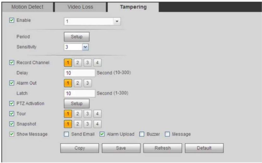 Motion Detect Video Loss Tampering Enable 1 Period Setup Sensitivity 3 Record Channel 1 2 3 4 Delay 10 Second (10-300) Alarm Out 1 2 3 Latch 10 Second (1-300) PTZ Activation Setup Tour 1 2 3 4 Snapshot 1 2 3 4 Show Message Send Email Alarm Upload Buzzer Message Copy Save Refresh Default