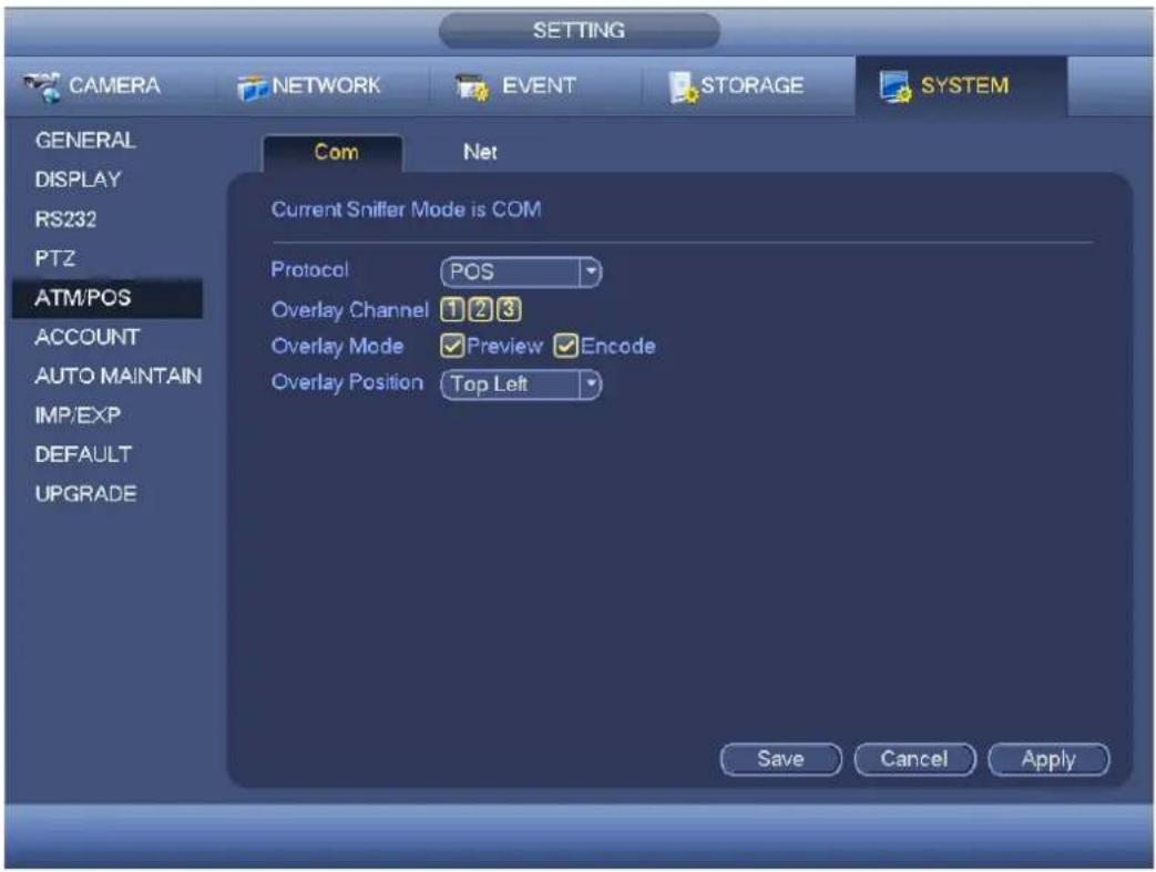 SETTING CAMERA NETWORK EVENT STORAGE SYSTEM GENERAL DISPLAY RS232 PTZ ATM/POS ACCOUNT AUTO MAINTAIN IMP/EXP DEFAULT UPGRADE Com Net Current Sniffer Mode is COM Protocol POS Overlay Channel 1 2 3 Overlay Mode Preview Encode Overlay Position Top Left Save Cancel Apply