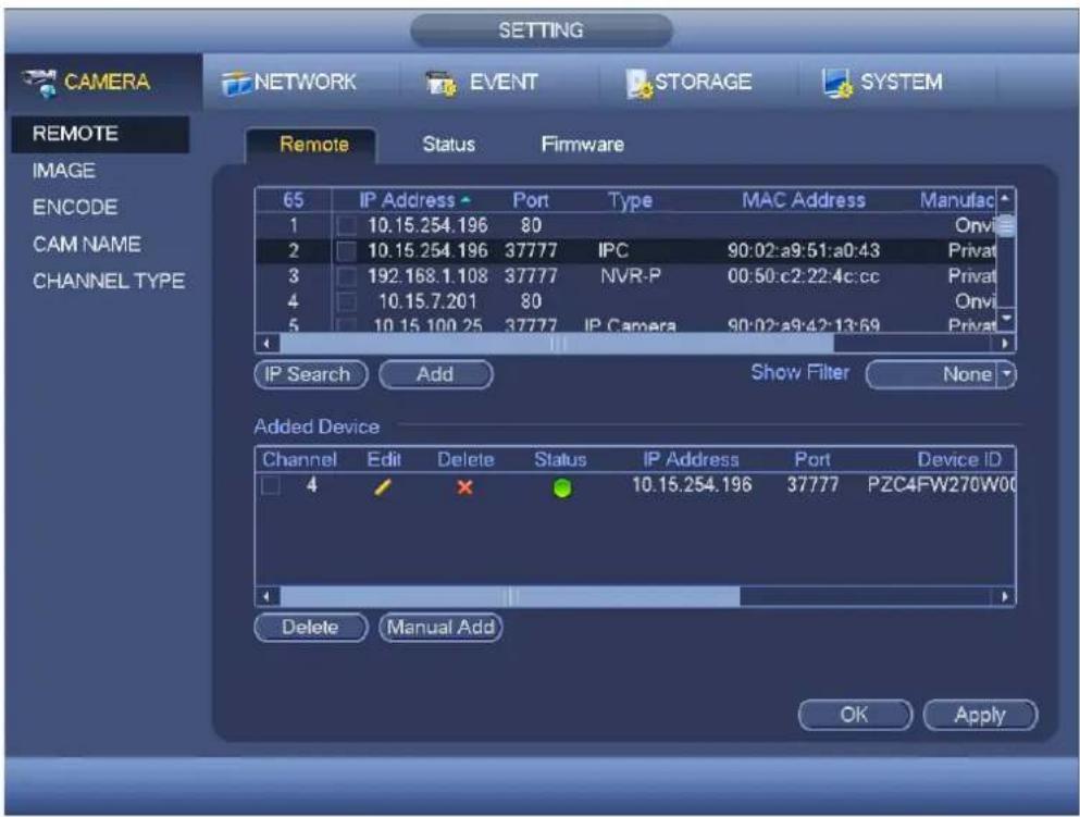 SETTING CAMERA NETWORK EVENT STORAGE SYSTEM REMOTE Image ENCODE CAM NAME CHANNEL TYPE Remote Status Firmware 65 IP Address Port Type MAC Address Manufac 1 10.15.254.196 80 Onvi 2 10.15.254.196 37777 IPC 90:02:a9:51:a0:43 Privat 3 192.168.1.108 37777 NVR-P 00:50:c2:22:4c:cc Privat 4 10.15.7.201 80 Onvi 5 10.15.100.25 37777 IP Camera 90:02:a9:42:13:69 Privat IP Search Add Show Filter None Added Device Channel Edit Delete Status IP Address Port Device ID 4 X 10.15.254.196 37777 PZC4FW270W00 Delete Manual Add OK Apply