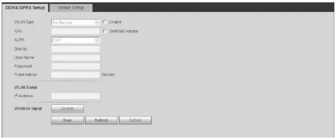 CDMA/GPRS Setup Mobile Setup WLAN Type No Service Enable APN DialSMS Activate AUTH PAP Dial No. User Name Password Pulse Interval Second WLAN Status IP Address Wireless Signal Search Save Refresh Default