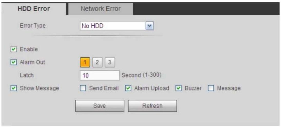 HDD Error Error Type No HDD Enable Alarm Out 1 2 3 Latch 10 Second (1-300) Show Message Send Email Alarm Upload Buzzer Message Save Refresh