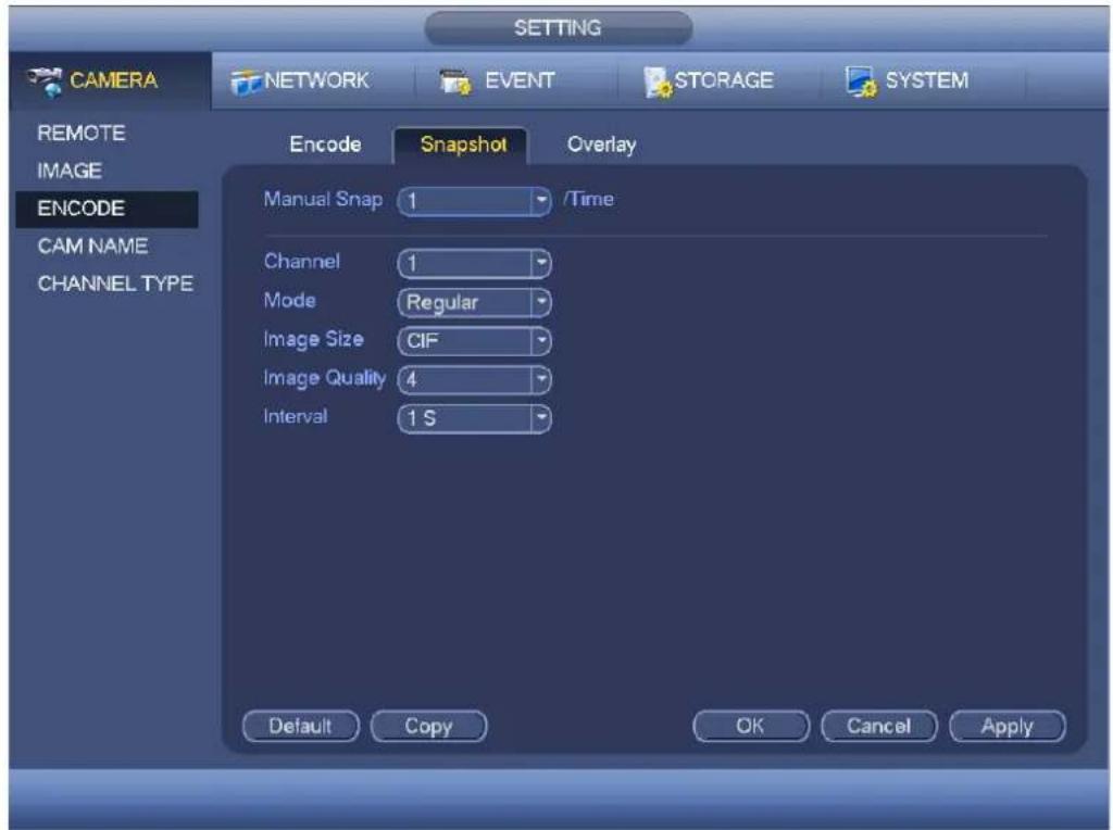 CAMERA REMOTE IMAGE ENCODE CAM NAME CHANNEL TYPE NETWORK EVENT STORAGE SYSTEM Encode Snapshot Overlay Manual Snap 1 /Time Channel 1 Mode Regular Image Size CIF Image Quality 4 Interval 1 S Default Copy OK Cancel Apply