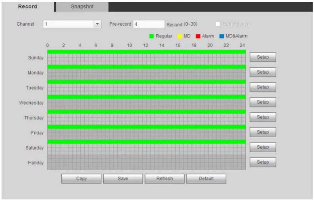 Record Snapshot Channel 1 Pre-record 4 Second (0-30) Redundancy Sunday Monday Tuesday Wednesday Thursday Friday Saturday Holiday 0 2 4 6 8 10 12 14 16 18 20 22 24 Regular MD Alarm MD&Alarm Setup Setup Setup Setup Setup Setup Setup Setup Copy Save Refresh Default