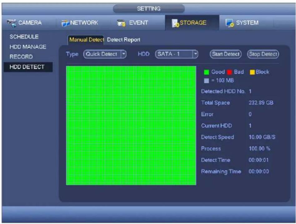 SETTING CAMERA NETWORK EVENT STORAGE SYSTEM SCHEDULE HDD MANAGE RECORD HDD DETECT Manual Detect Detect Report Type Quick Detect HDD SATA - 1 Start Detect Stop Detect Good Bad Block = 103 MB Detected HDD No. 1 Total Space 232.89 GB Error 0 Current HDD 1 Detect Speed 10.00 GB/S Process 100.00 % Detect Time 00:00:01 Remaining Time 00:00:00