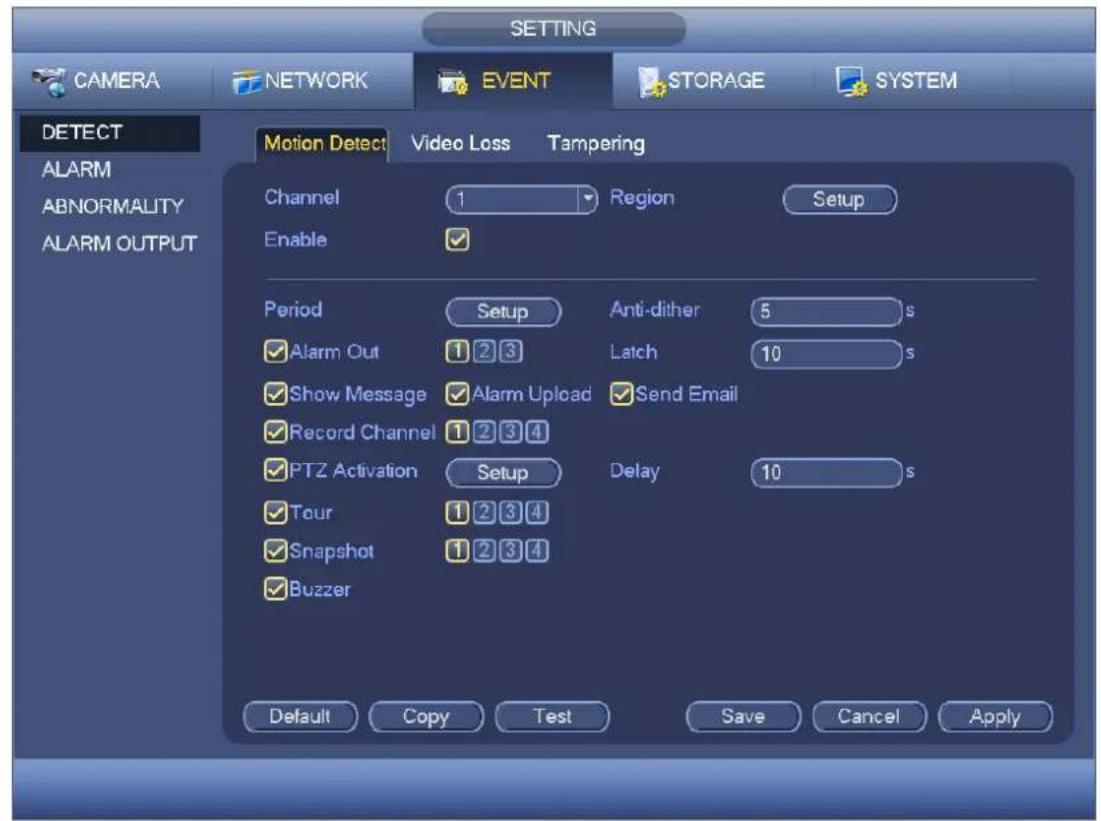 SETTING CAMERA NETWORK EVENT STORAGE SYSTEM DETECT ALARM ABNORMALITY ALARM OUTPUT Motion Detect Video Loss Tampering Channel 1 Region Setup Enable Period Setup Anti-dither 5 s ✓ Alarm Out 1 2 3 Latch 10 s ✓ Show Message ✓ Alarm Upload ✓ Send Email ✓ Record Channel 1 2 3 4 ✓ PTZ Activation Setup Delay 10 s ✓ Tour 1 2 3 4 ✓ Snapshot 1 2 3 4 ✓ Buzzer Default Copy Test Save Cancel Apply