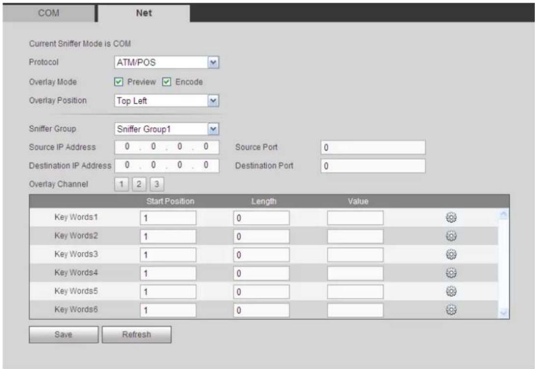 COM Net Current Sniffer Mode is COM Protocol ATM/POS Overlay Mode Preview Encode Overlay Position Top Left Sniffer Group Sniffer Group1 Source IP Address 0 . 0 . 0 . 0 Source Port 0 Destination IP Address 0 . 0 . 0 . 0 Destination Port 0 Overlay Channel 1 2 3 Start Position Length Value Key Words1 1 0 Key Words2 1 0 Key Words3 1 0 Key Words4 1 0 Key Words5 1 0 Key Words6 1 0 Save Refresh