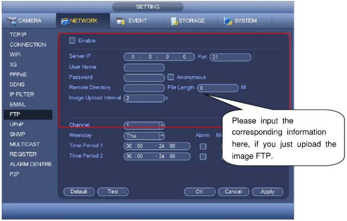 SETTING CAMERA NETWORK EVENT STORAGE SYSTEM TCP/IP CONNECTION WIFI 3G PPPoE DDNS IP FILTER EMAIL FTP UPnP SNMP MULTICAST REGISTER ALARM CENTRE P2P Enable Server IP 0 . 0 . 0 . 0 Port 21 User Name Password Anonymous Remote Directory File Length 0 M Image Upload Interval 2 s Channel 1 Weekday Thu Alarm More Time Period 1 00 : 00 - 24 : 00 Time Period 2 00 : 00 - 24 : 00 Default Test OK Cancel Apply Please input the corresponding information here, if you just upload the image FTP.