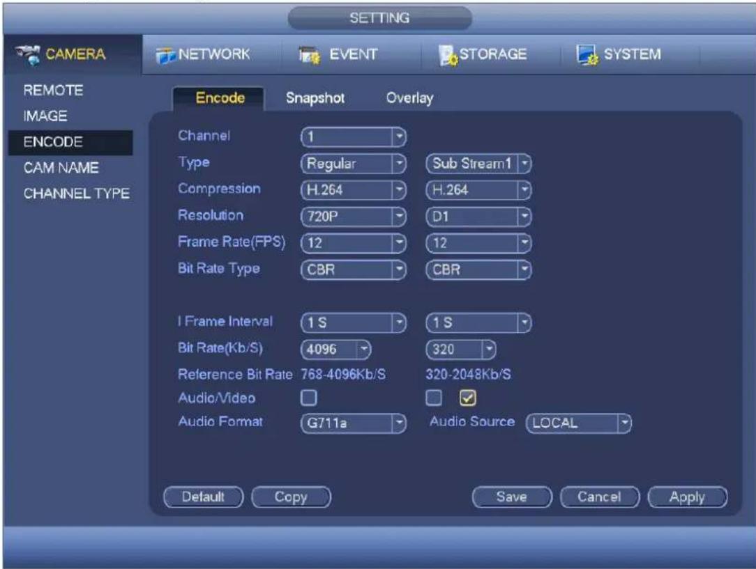 SETTING CAMERA NETWORK EVENT STORAGE SYSTEM REMOTE IMAGE ENCODE CAM NAME CHANNEL TYPE Encode Snapshot Overlay Channel 1 Type Regular Sub Stream1 Compression H.264 H.264 Resolution 720P D1 Frame Rate(FPS) 12 12 Bit Rate Type CBR CBR I Frame Interval 1 S 1 S Bit Rate(Kb/S) 4096 320 Reference Bit Rate 768-4096Kb/S 320-2048Kb/S Audio/Video Audio Format G711a Audio Source LOCAL Default Copy Save Cancel Apply