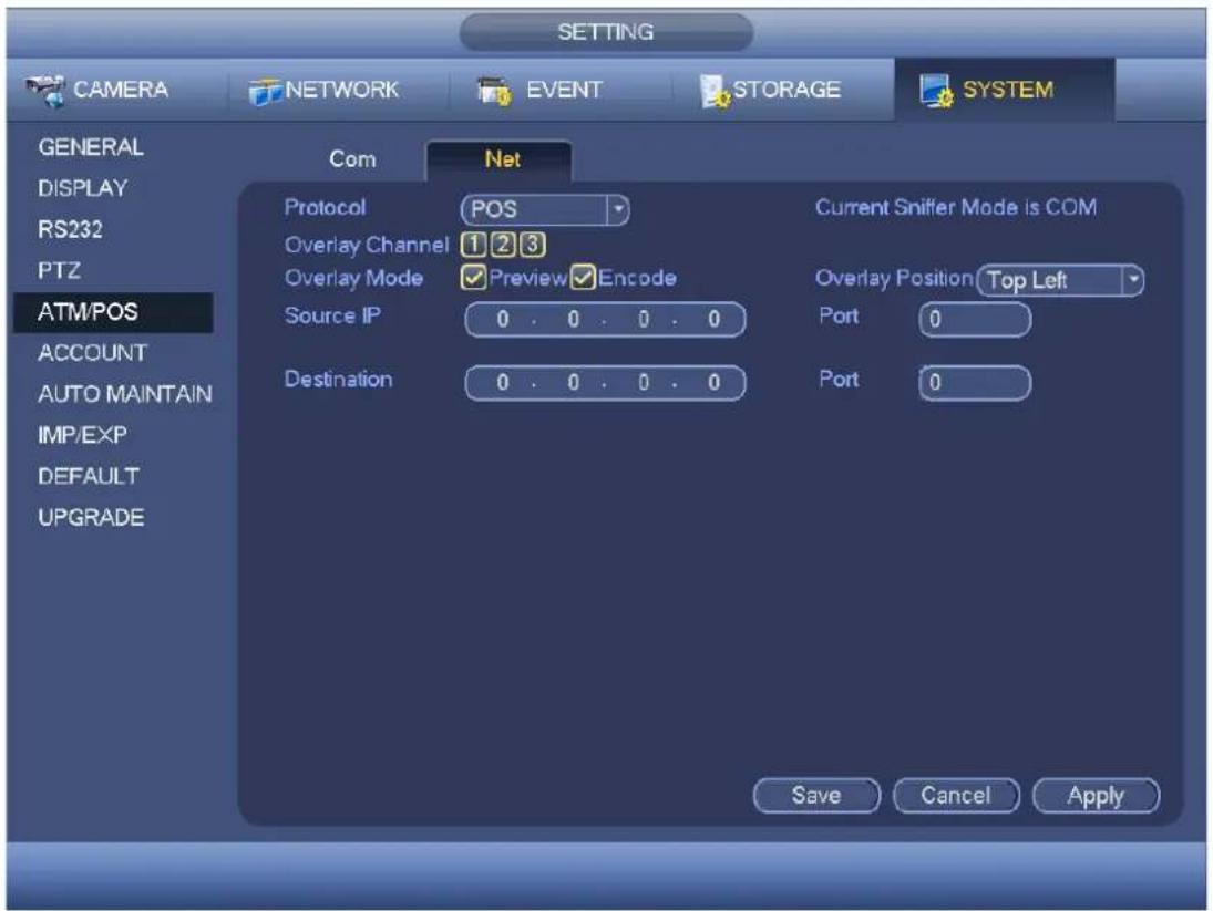 SETTING CAMERA NETWORK EVENT STORAGE SYSTEM GENERAL DISPLAY RS232 PTZ ATM/POS ACCOUNT AUTO MAINTAIN IMP/EXP DEFAULT UPGRADE Com Net Protocol POS Overlay Channel 1 2 3 Overlay Mode Preview Encode Source IP 0 . 0 . 0 . 0 Destination 0 . 0 . 0 . 0 Current Sniffer Mode is COM Overlay Position Top Left Port 0 Port 0 Save Cancel Apply
