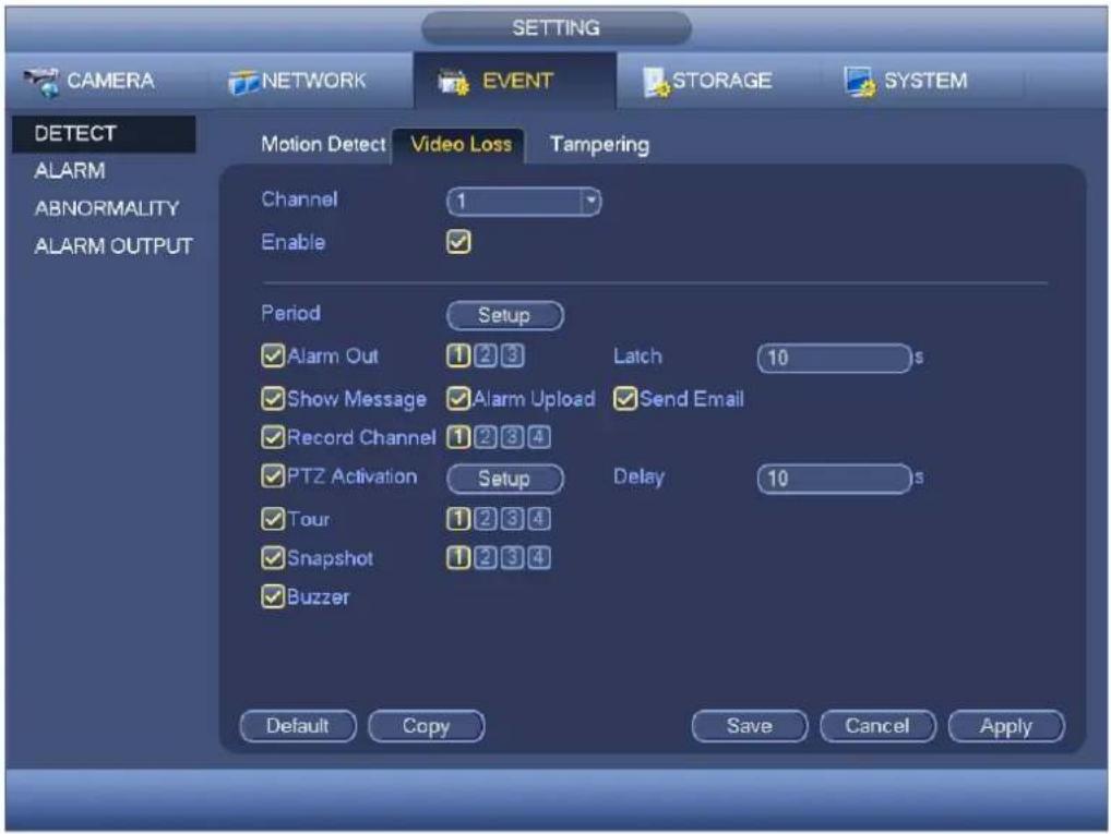 SETTING CAMERA NETWORK EVENT STORAGE SYSTEM DETECT ALARM ABNORMALITY ALARM OUTPUT Motion Detect Video Loss Tampering Channel 1 Enable Period Setup ✓ Alarm Out 1 2 3 Latch 10 s ✓ Show Message ✓ Alarm Upload ✓ Send Email ✓ Record Channel 1 2 3 4 ✓ PTZ Activation Setup Delay 10 s ✓ Tour 1 2 3 4 ✓ Snapshot 1 2 3 4 ✓ Buzzer Default Copy Save Cancel Apply
