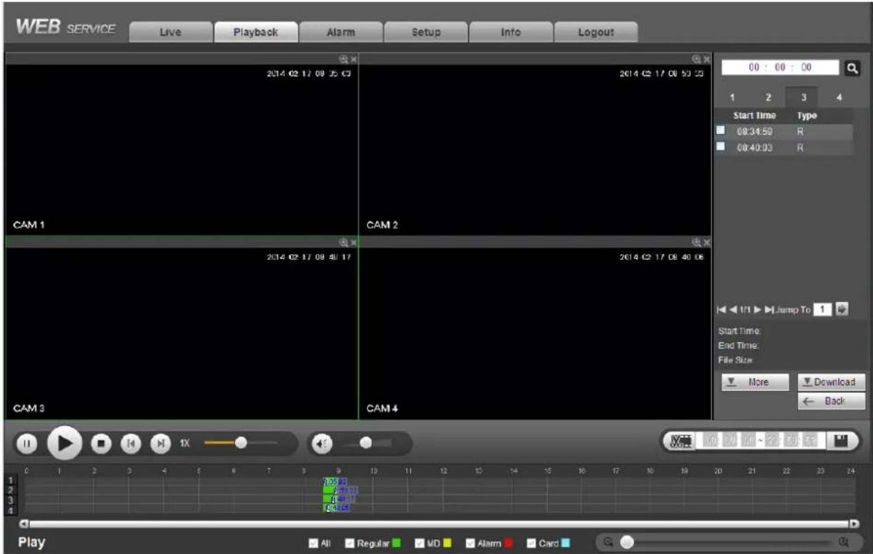 WEB SERVICE Live Playback Alarm Setup Info Logout 2014 02 17 09 35 03 CAM 1 CAM 2 CAM 3 CAM 4 00 : 00 : 00 1 2 3 4 Start Time Type 08:34:50 R 08:40:03 R 1/1 Jump To 1 Start Time; End Time; File Size More Download Back Play All Regular WD Alarm Card