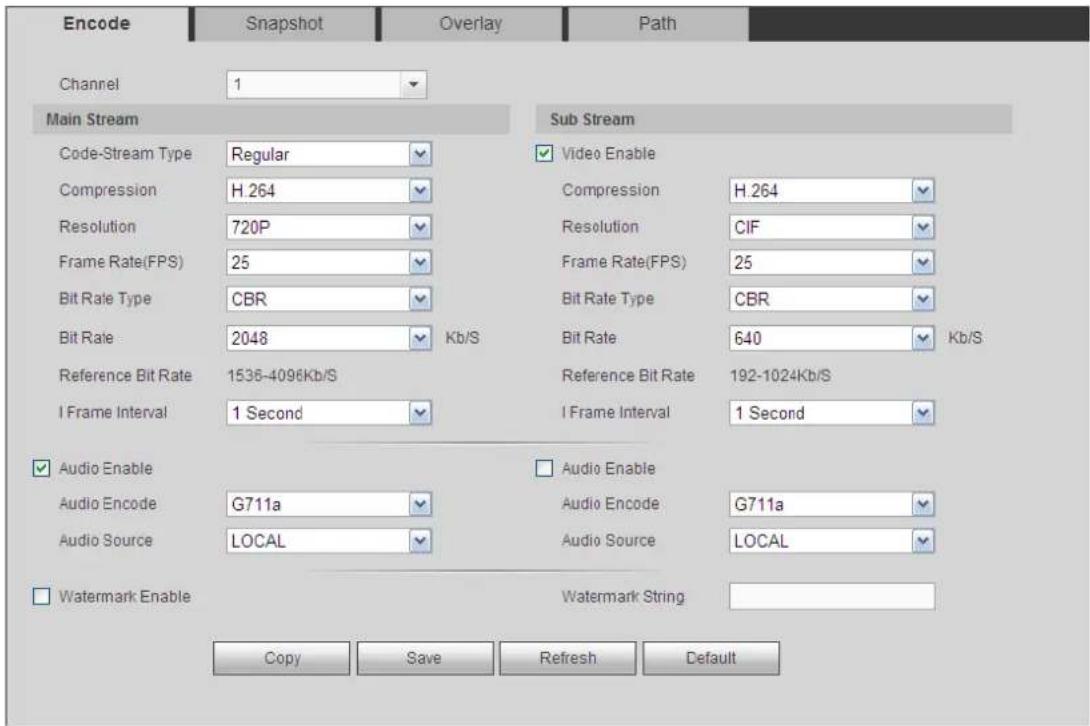 Encode Snapshot Overlay Path Channel 1 Main Stream Code-Stream Type Regular Compression H 264 Resolution 720P Frame Rate(FPS) 25 Bit Rate Type CBR Bit Rate 2048 Kb/S Reference Bit Rate 1536-4096Kb/S I Frame Interval 1 Second Sub Stream Video Enable Compression H 264 Resolution CIF Frame Rate(FPS) 25 Bit Rate Type CBR Bit Rate 640 Kb/S Reference Bit Rate 192-1024Kb/S I Frame Interval 1 Second Audio Enable Audio Enable Audio Encode G711a Audio Source LOCAL Audio Source G711a LOCAL Watermark Enable Watermark String Copy Save Refresh Default