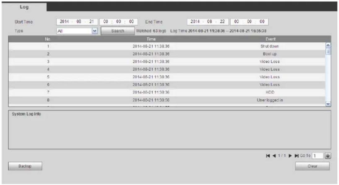 Log Start Time: 2014 - 08 - 21 00 : 00 : 00 End Time: 2014 - 08 - 22 00 : 00 : 00 Type All Search Matched 63 logs Log Time 2014-08-21 11:38:36 - 2014-08-21 16:36:38 No Time Event 1 2014-08-21 11:38:36 Shut down 2 2014-08-21 11:38:36 Boot up 3 2014-08-21 11:38:36 Video Loss 4 2014-08-21 11:38:36 Video Loss 5 2014-08-21 11:38:36 Video Loss 6 2014-08-21 11:38:36 Video Loss 7 2014-08-21 11:39:36 HDD 8 2014-08-21 11:39:56 User logged in System Log Info Backup Go To 1 Clear