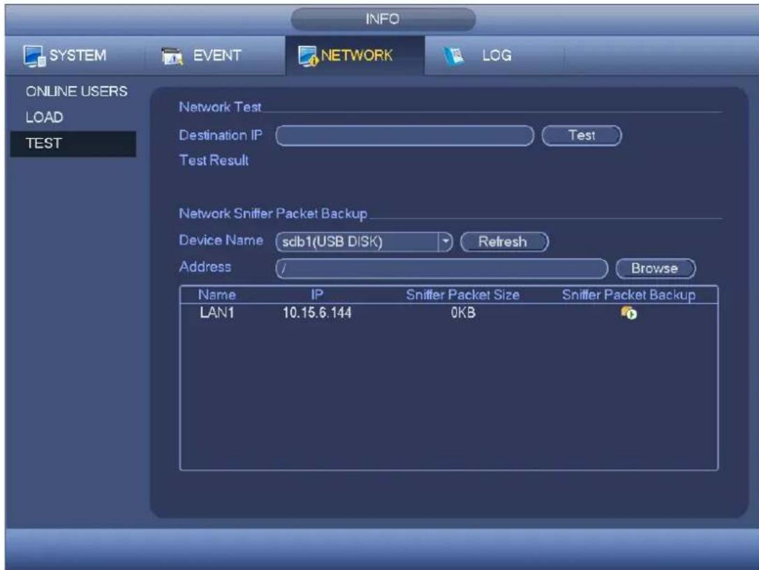 INFO SYSTEM EVENT NETWORK(LOG ONLINE USERS LOAD TEST Network Test Destination IP Test Test Result Network Snifter Packet Backup Device Name sdb1(USB DISK) Refresh Address Browse Name IP Snifter Packet Size Snifter Packet Backup LAN1 10.15.6.144 0KB