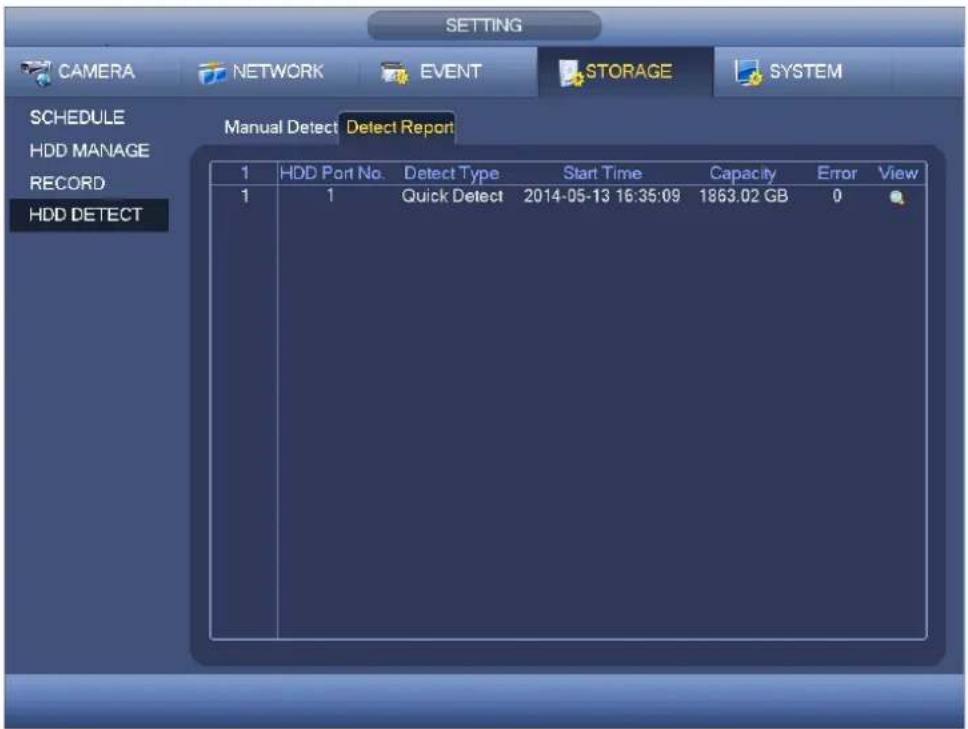 SETTING CAMERA NETWORK EVENT STORAGE SYSTEM SCHEDULE HDD MANAGE RECORD HDD DETECT Manual Detect Detect Report 1 HDD Port No. Detect Type Start Time Capacity Error View 1 1 Quick Detect 2014-05-13 16:35:09 1863.02 GB 0