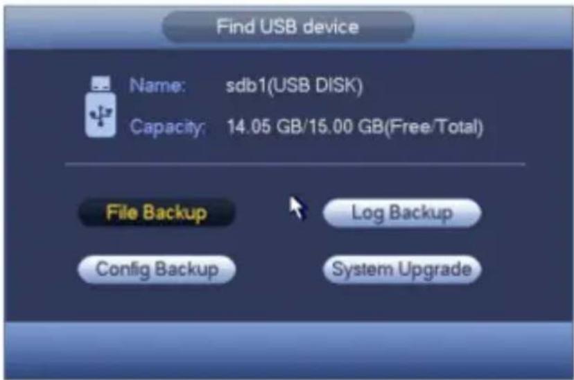Find USB device Name: sdb1(USB DISK) Capacity: 14.05 GB/15.00 GB(Free/Total) File Backup Config Backup Log Backup System Upgrade