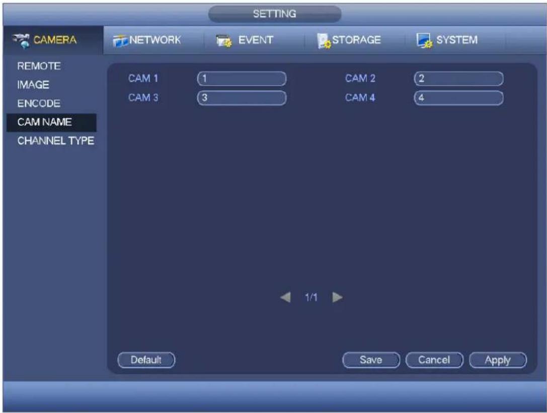CAMERA NETWORK EVENT STORAGE SYSTEM REMOTE IMAGE ENCODE CAM NAME CHANNEL TYPE CAM 1 CAM 2 CAM 3 CAM 4 1/1 Default Save Cancel Apply