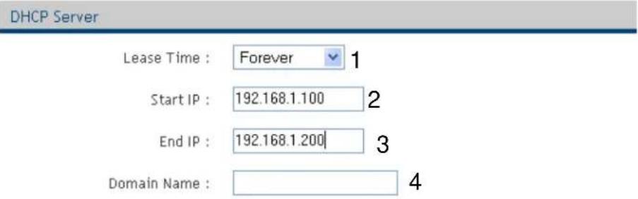 DHCP Server Lease Time : Forever 1 Start IP : 192.168.1.100 2 End IP : 192.168.1.200 | 3 Domain Name : 4