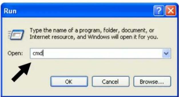 Run Type the name of a program, folder, document, or Internet resource, and Windows will open it for you. Open: cmd OK Cancel Browse...