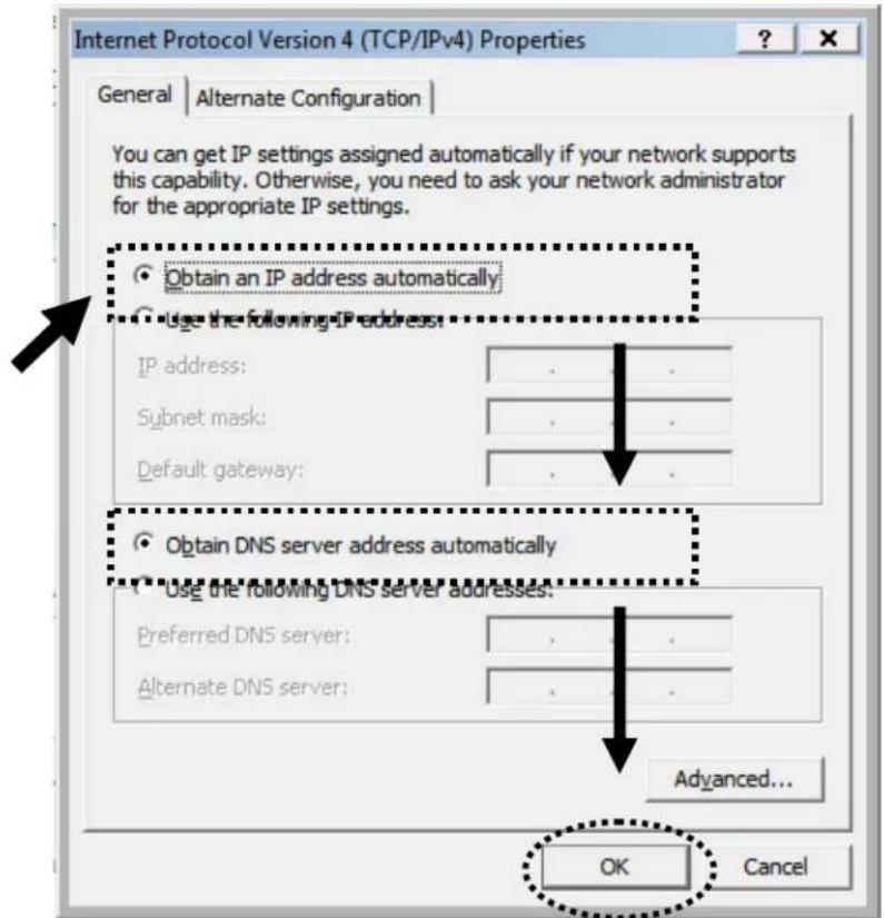 Internet Protocol Version 4 (TCP/IPv4) Properties General | Alternate Configuration | You can get IP settings assigned automatically if your network supports this capability. Otherwise, you need to ask your network administrator for the appropriate IP settings. Obtain an IP address automatically Use the following IP address: IP address: Subnet mask: Default gateway: Obtain DNS server address automatically Use the following DNS server addresses: Preferred DNS server: Alternate DNS server: Advanced... OK Cancel